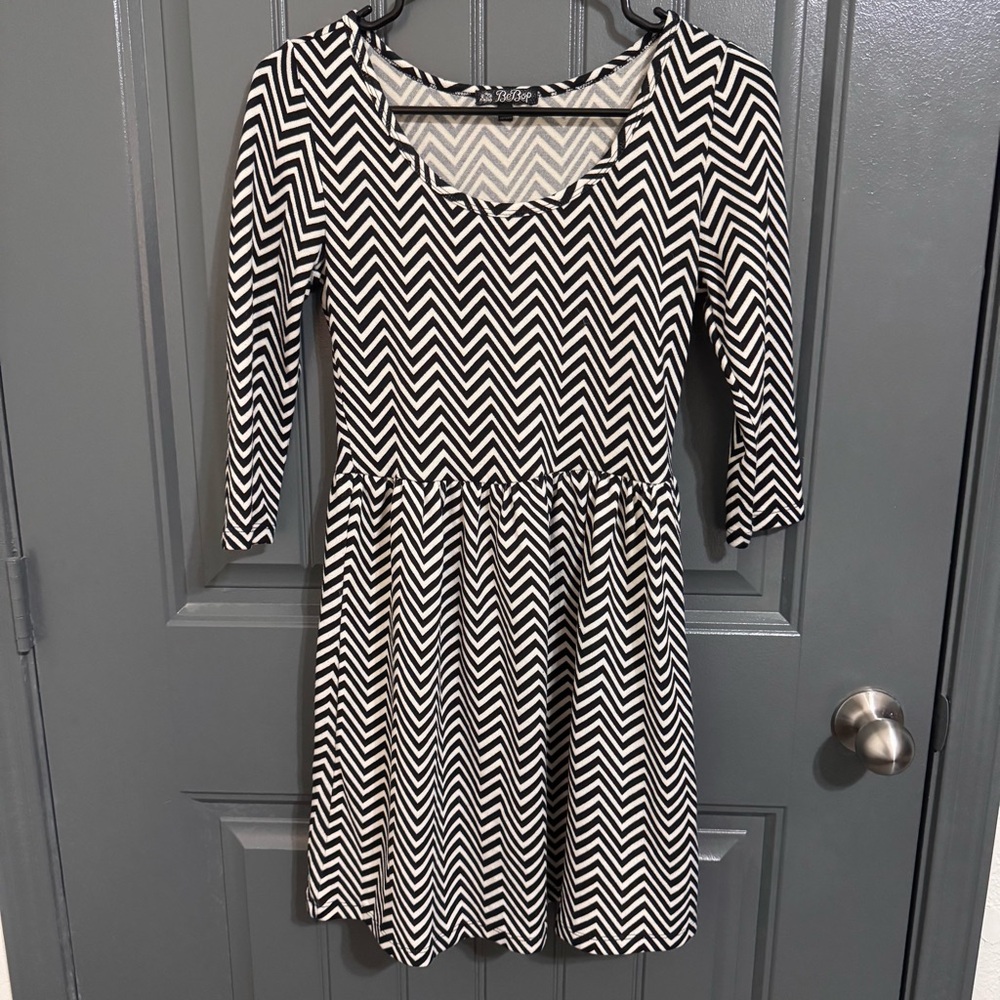 BeBop Black and White Fit and Flare Mini Dress with Cuffed 3/4 Sleeves